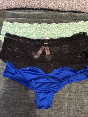 Victoria's Secret Lace & Satin Bikini Trio in Blue, Black, Mint